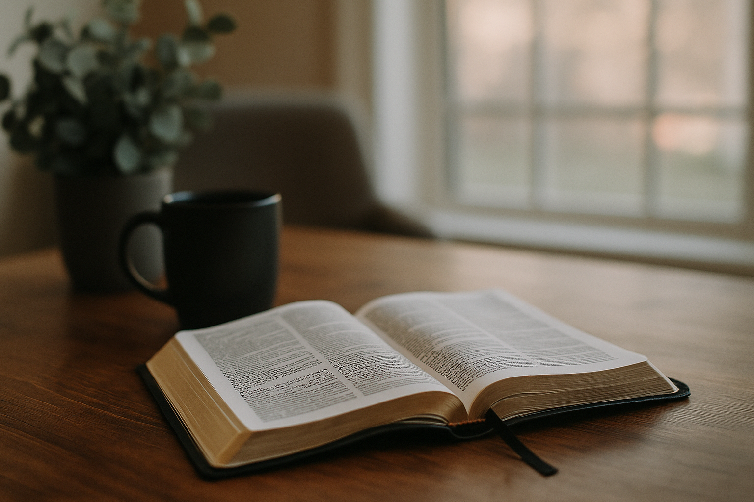 A photograph captures an open Bible on a wooden table beside a black coffee mug and a small potted plant, with soft natural light streaming through a window in the background.