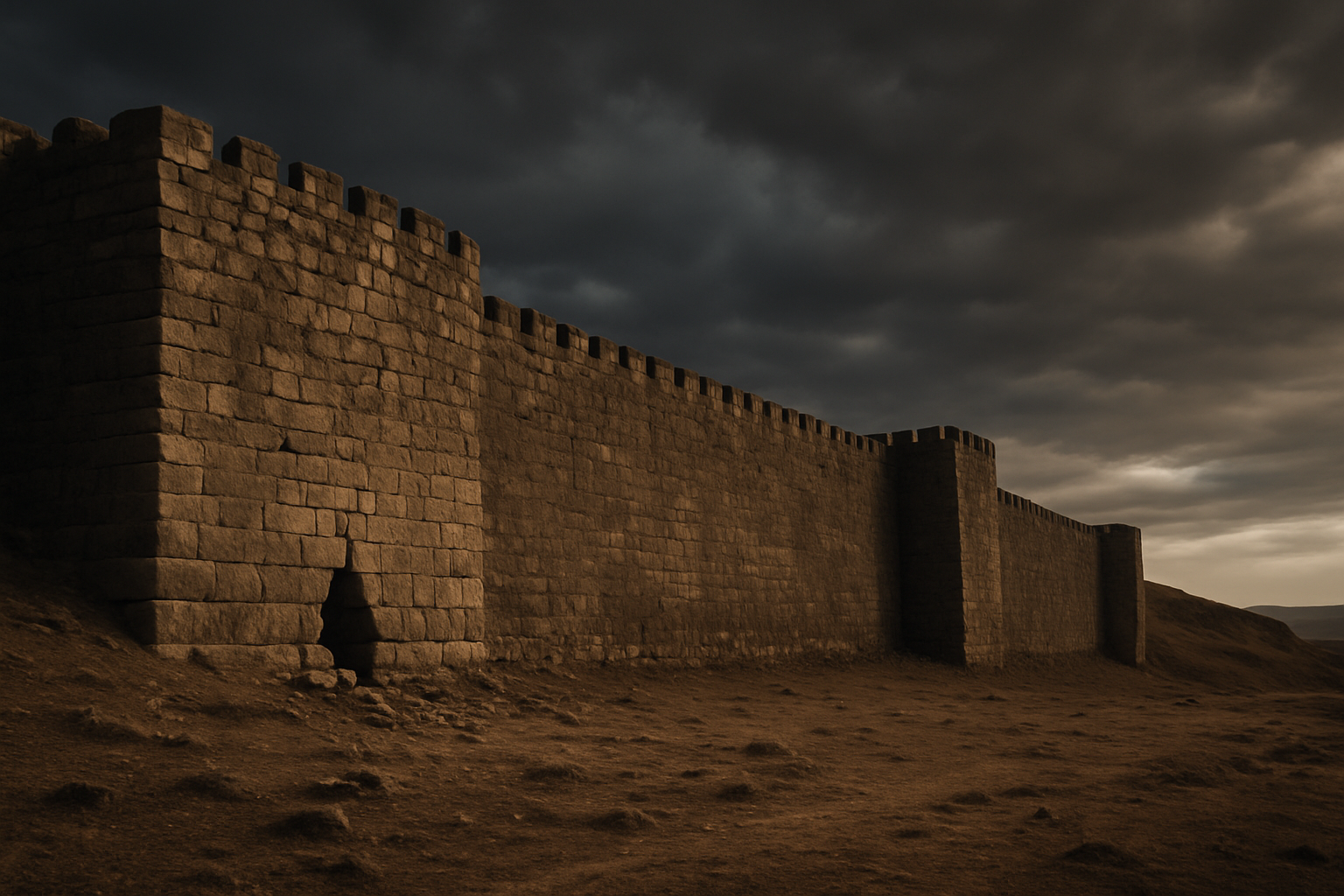 An ancient stone fortress wall stands tall in a barren landscape under a cloudy sky. A visible crack near the base of the wall suggests weakness in its foundation. The scene conveys the weight of spiritual strongholds and the possibility of breakthrough.