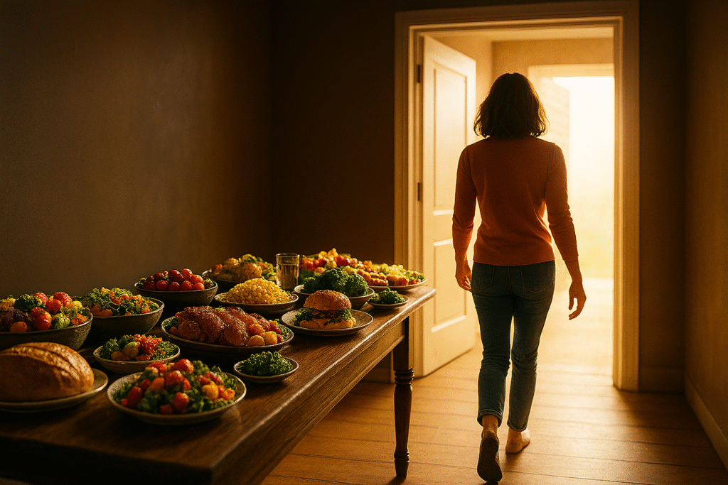 A woman walks away from a table filled with food toward a bright open doorway, symbolizing her decision to leave behind appetite-driven control and pursue spiritual freedom.