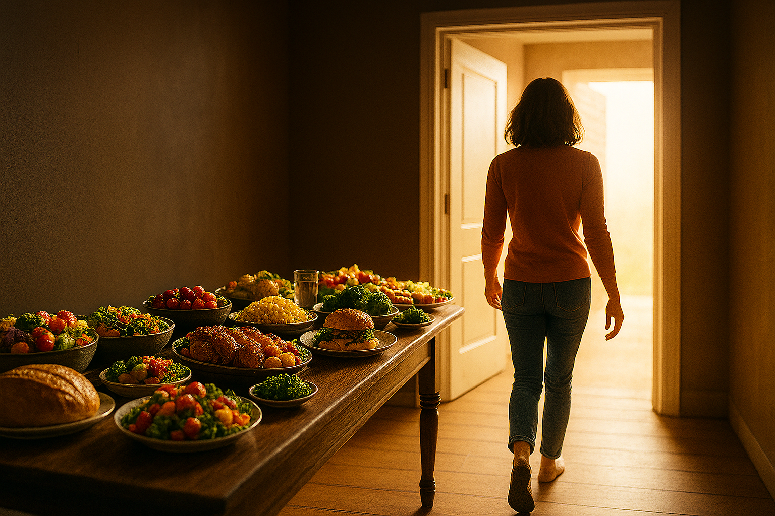 A woman walks away from a table filled with food toward a bright open doorway, symbolizing her decision to leave behind appetite-driven control and pursue spiritual freedom.