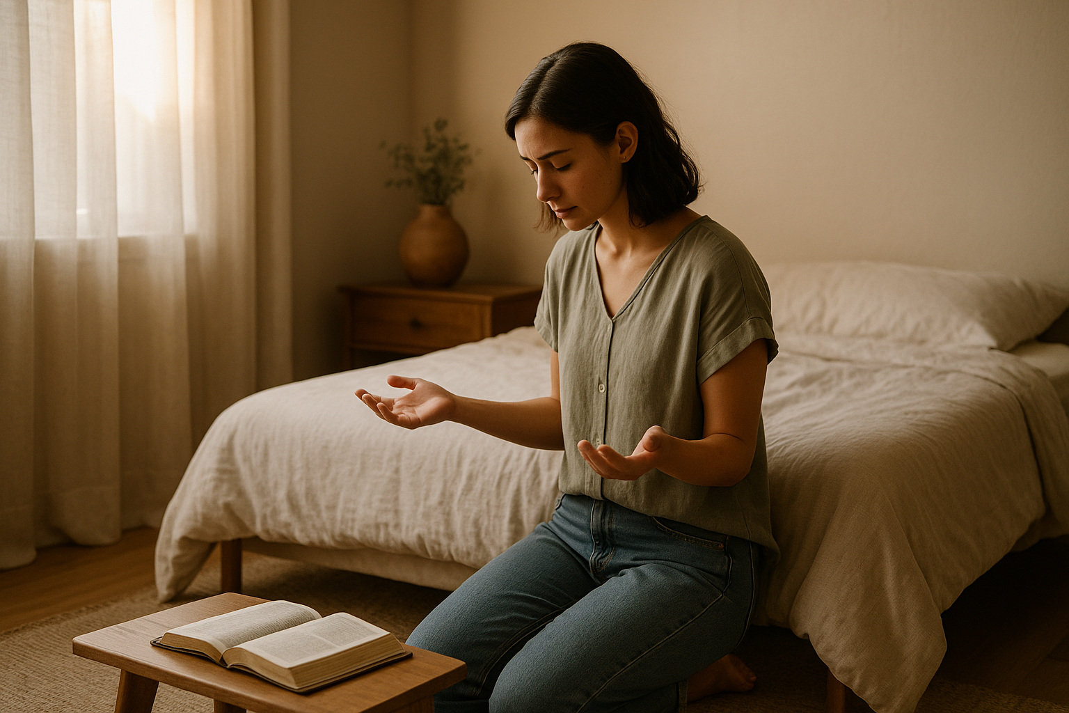 Woman kneeling beside her bed in prayer, hands open with an open Bible nearby in warm morning light.