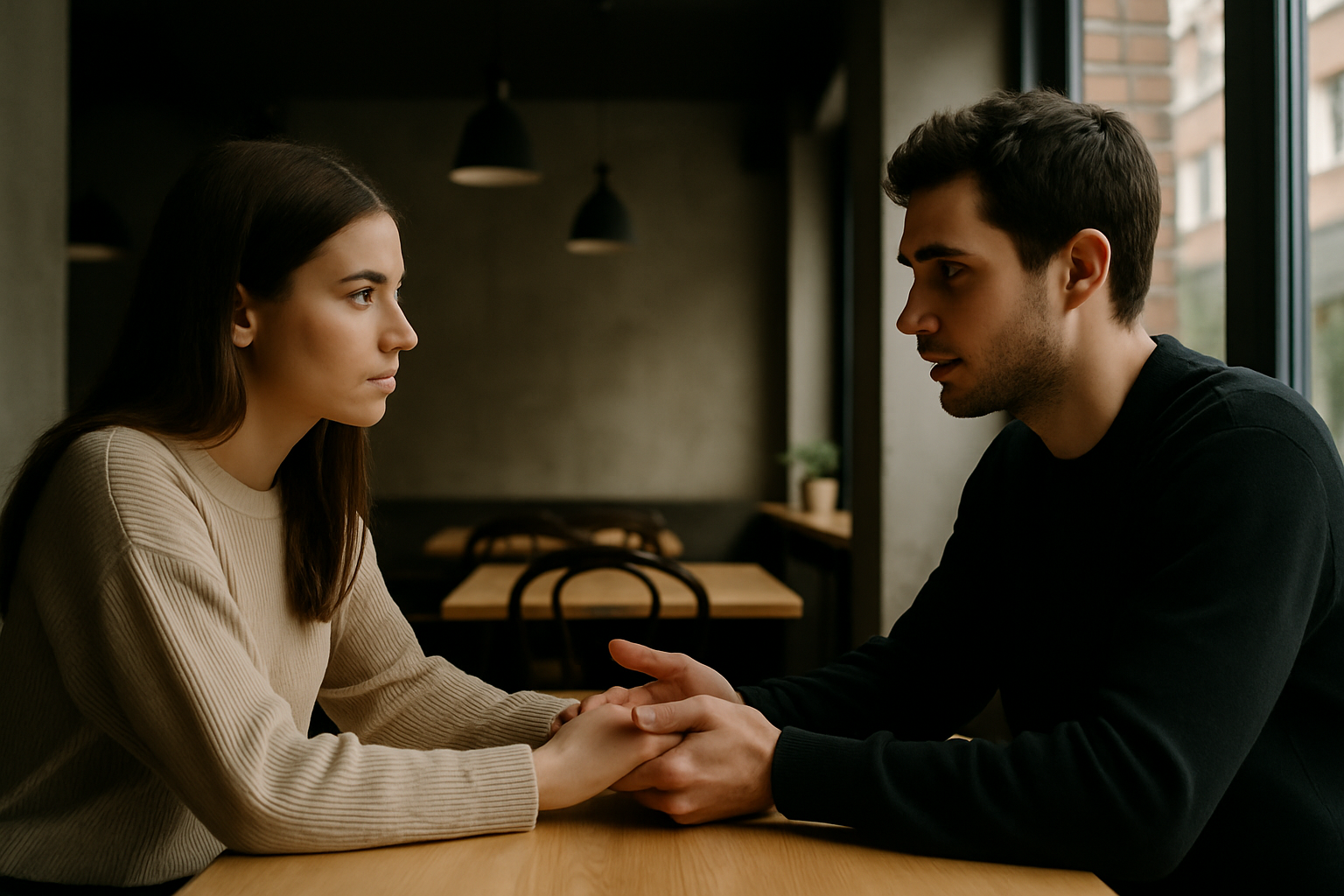 A young man and woman sit across from each other at a wooden café table, holding hands and talking seriously, with natural light coming through large windows in a modern, neutral-toned setting.