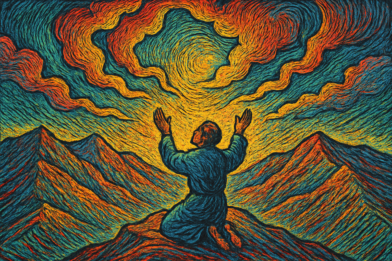 a figure kneeling on a mountain, praying toward swirling, colorful clouds. The bold lines and vivid colors evoke a sense of spiritual intensity and divine presence, symbolizing a soul reaching for God in solitude.