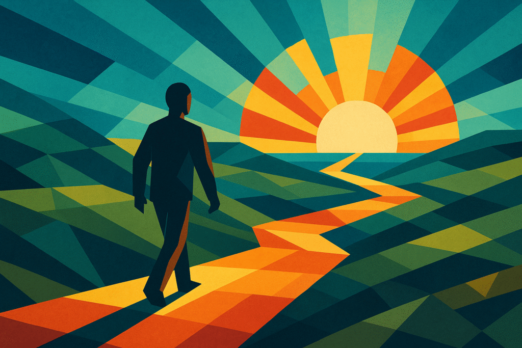 A geometric, stylized illustration of a solitary figure walking along a winding path toward a rising sun.