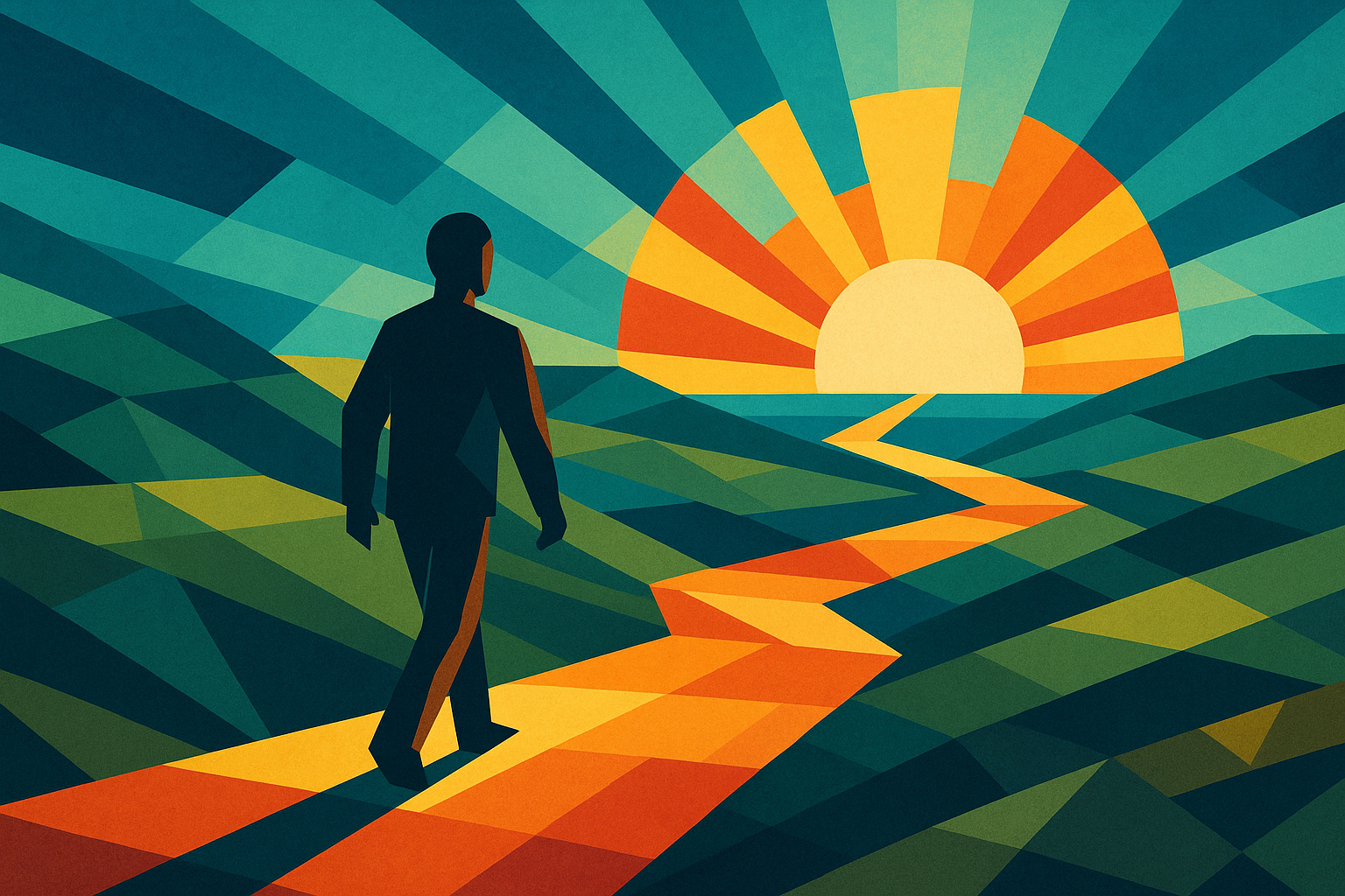 A geometric, stylized illustration of a solitary figure walking along a winding path toward a rising sun.