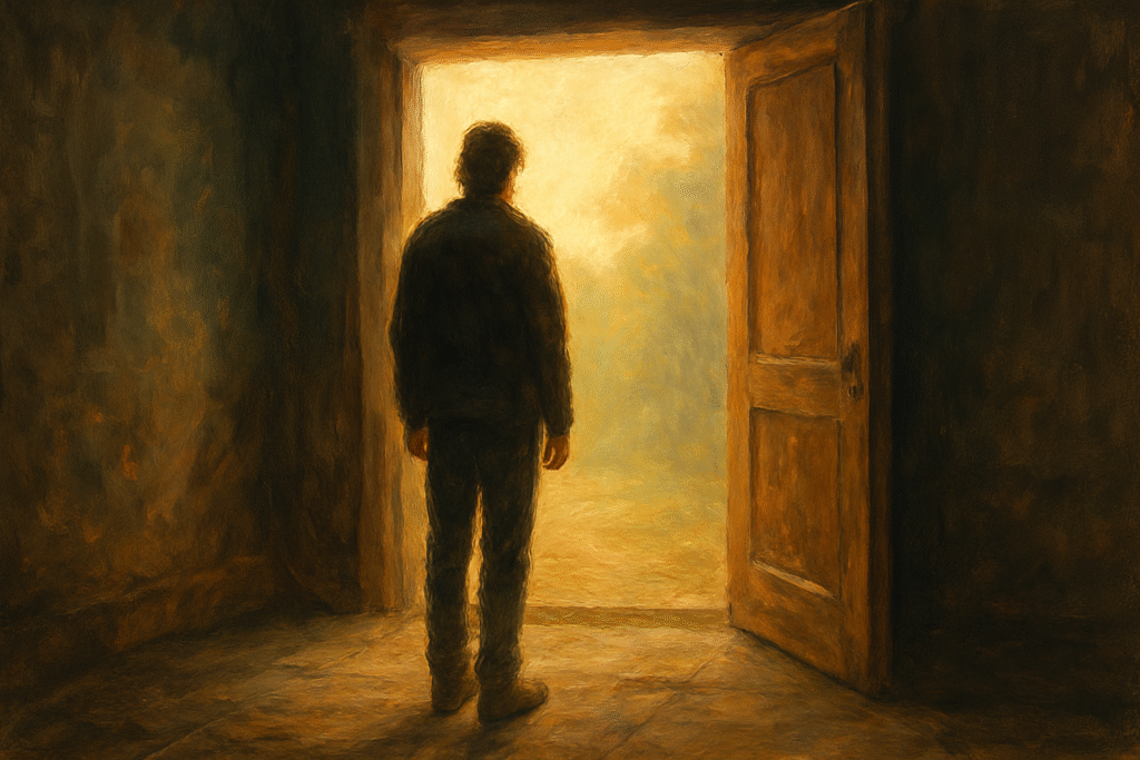 A lone person standing in soft light near an open doorway, symbolizing God’s welcome after rejection.