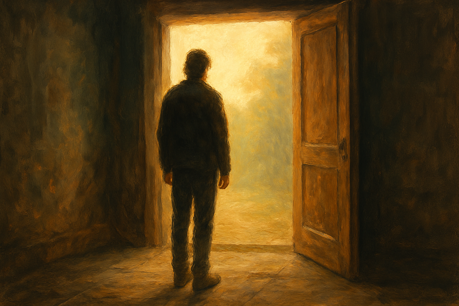 A lone person standing in soft light near an open doorway, symbolizing God’s welcome after rejection.