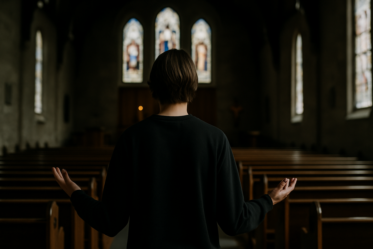 A person stands alone in a dimly lit church sanctuary, facing the altar with open hands.