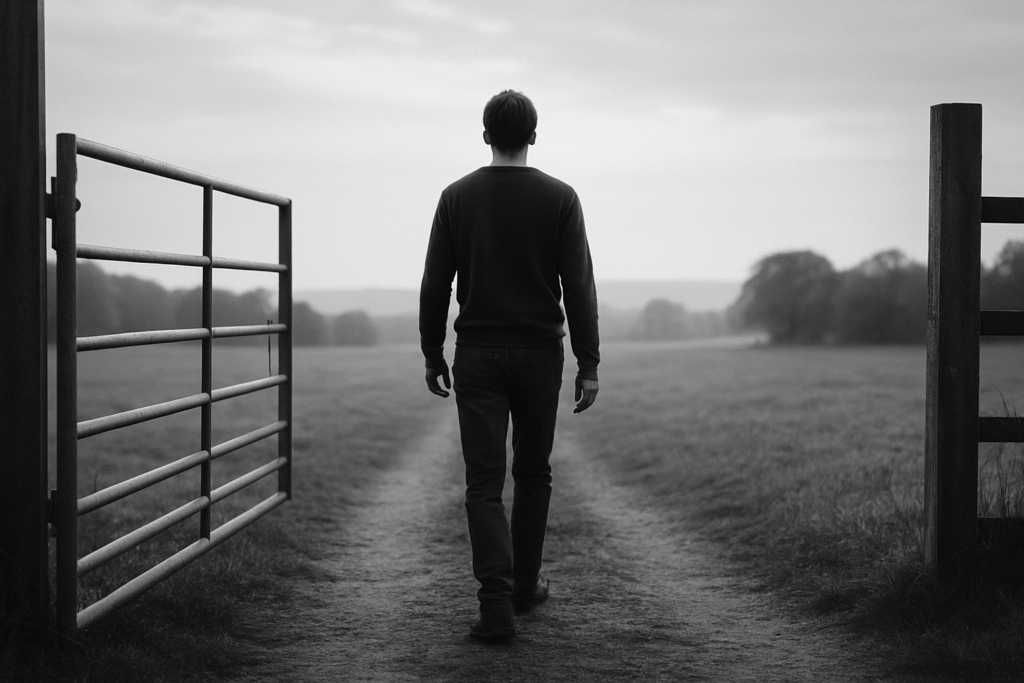 A person walking through an open gate into a still, open field, symbolizing God's lasting invitation and the peace of being received.