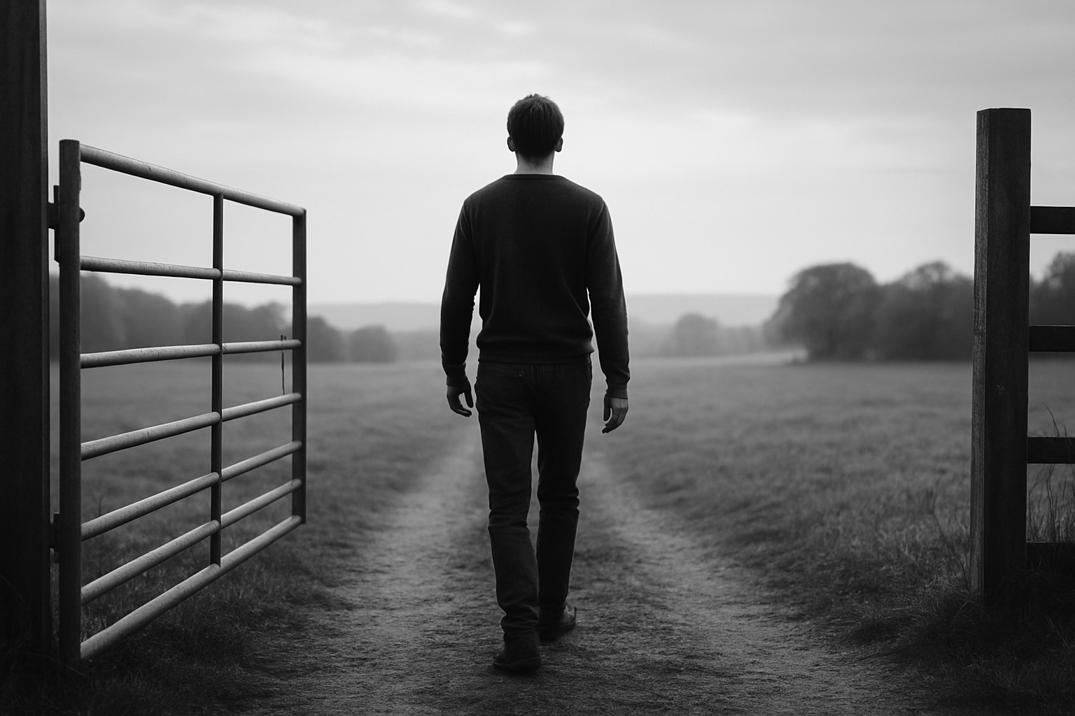 A person walking through an open gate into a still, open field, symbolizing God's lasting invitation and the peace of being received.