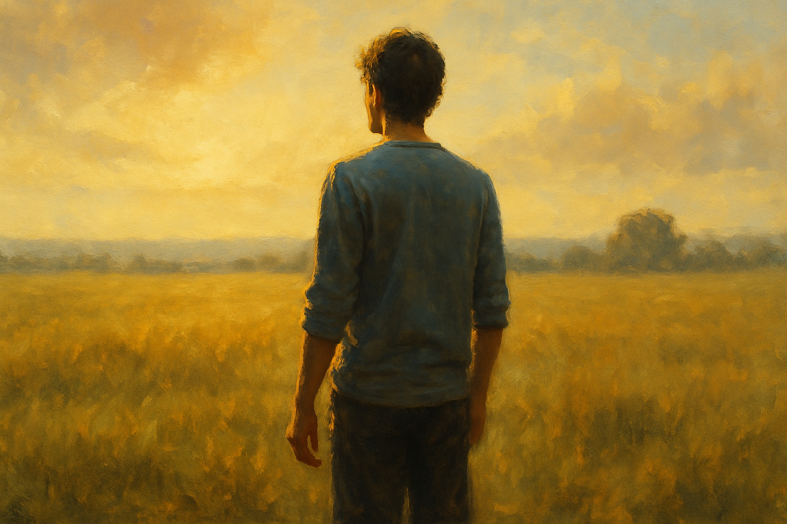 A peaceful figure standing in a sunlit field with open space and soft light, symbolizing freedom and confidence in God’s acceptance.