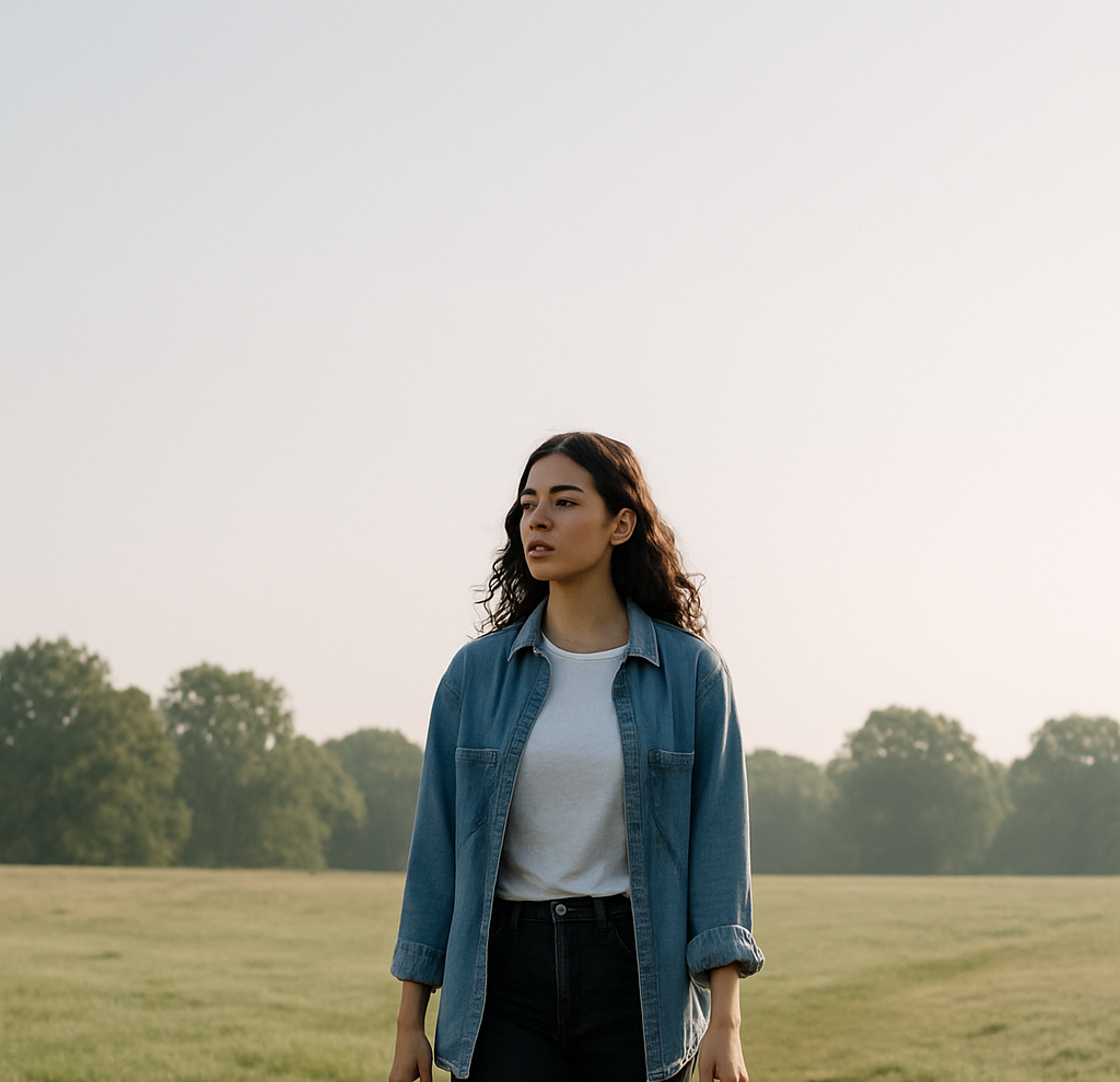 A young woman walks through an open field beneath a clear sky, facing forward with a calm and focused expression.