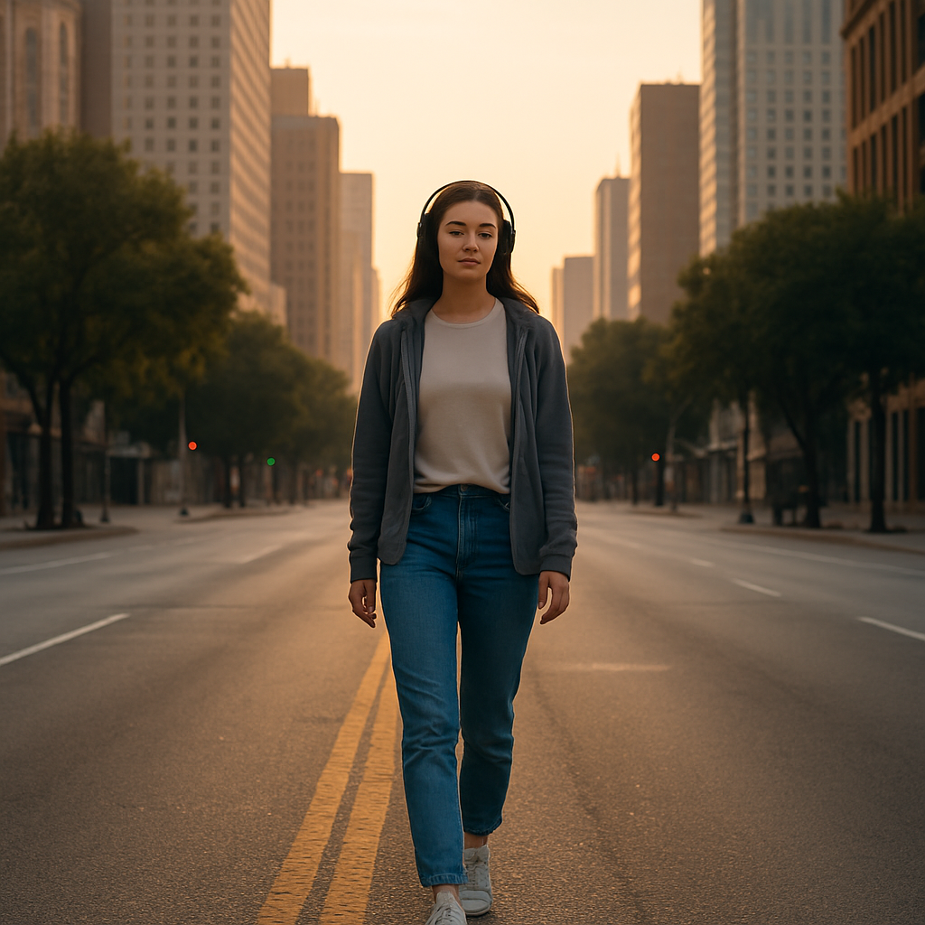 A young woman walks alone down a wide, empty city street at sunrise. She wears headphones, jeans, and a hoodie, with golden light casting long shadows behind her.