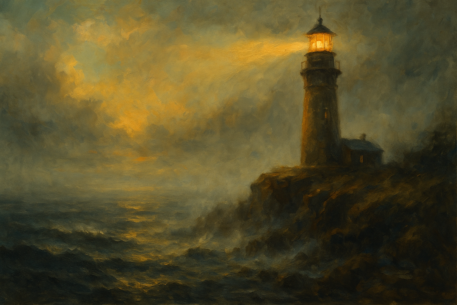 An oil painting of a lighthouse on a rocky cliff, casting golden light through dense fog over a dark sea—symbolizing spiritual vigilance and protection from deception.