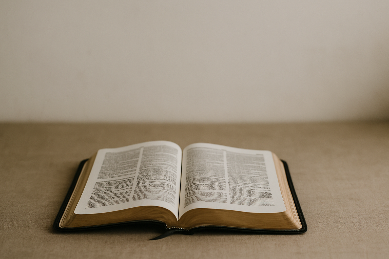 A wide-format photograph of an open Holy Bible resting on a neutral-toned fabric surface. The pages are slightly curved and display clear, black text in two columns. Soft, natural light highlights the gold-edged pages and black leather cover, with a minimalist beige wall in the background.