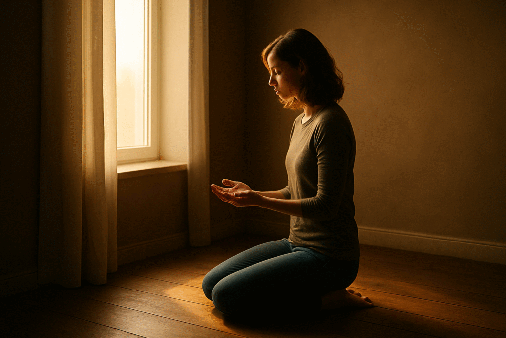 A person kneels in calm surrender near a sunlit window, hands open and posture peaceful, representing the offering of the body as an act of worship.
