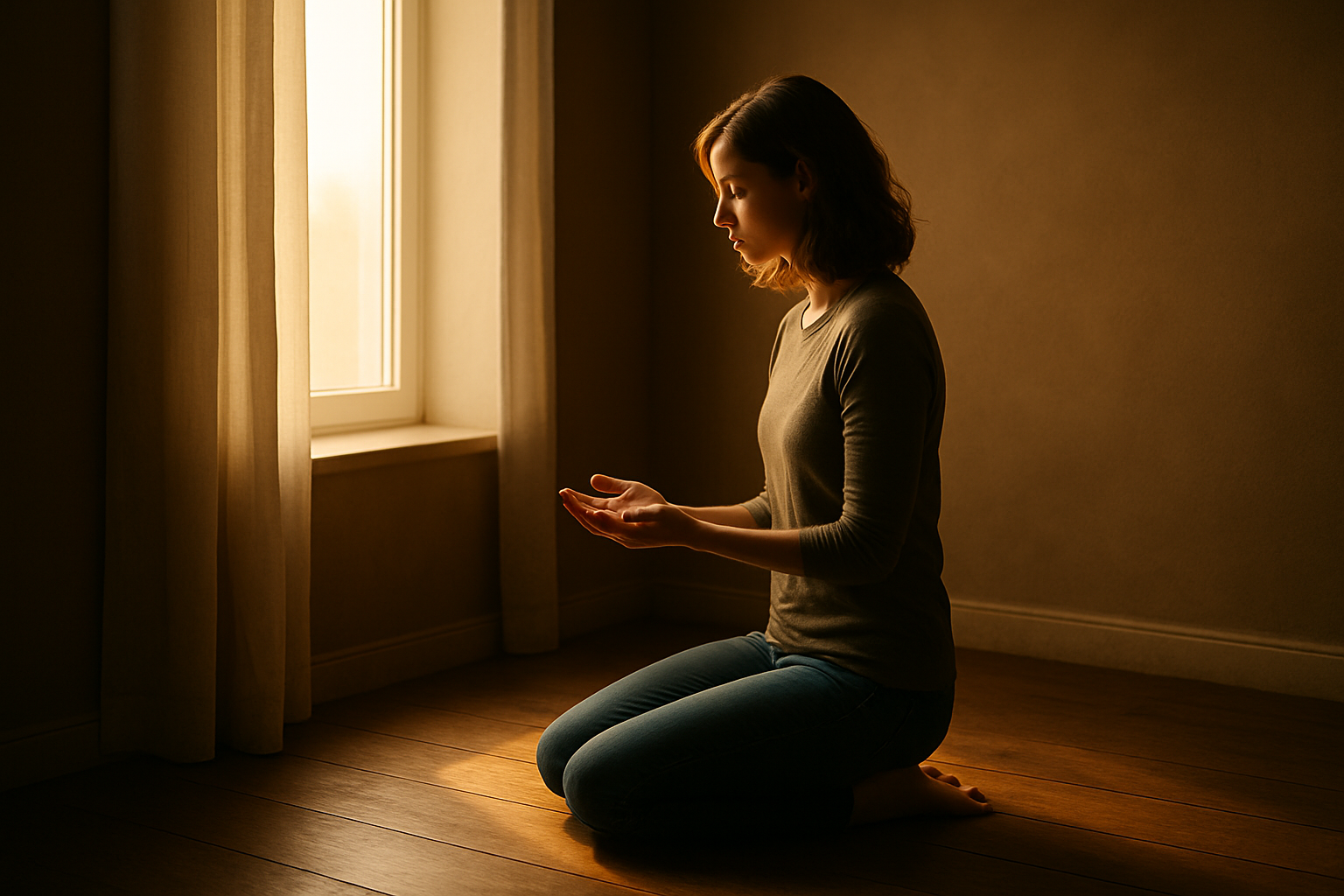 A person kneels in calm surrender near a sunlit window, hands open and posture peaceful, representing the offering of the body as an act of worship.