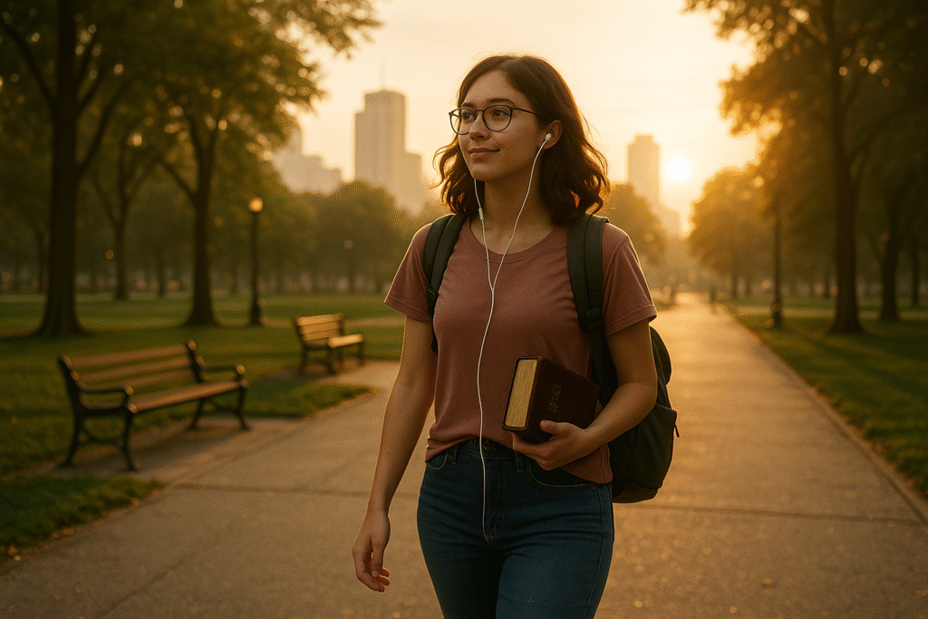 A young woman walks through a sunlit city park at sunrise, Bible in hand and earbuds in, showing confidence and peace as she embraces a daily walk of freedom