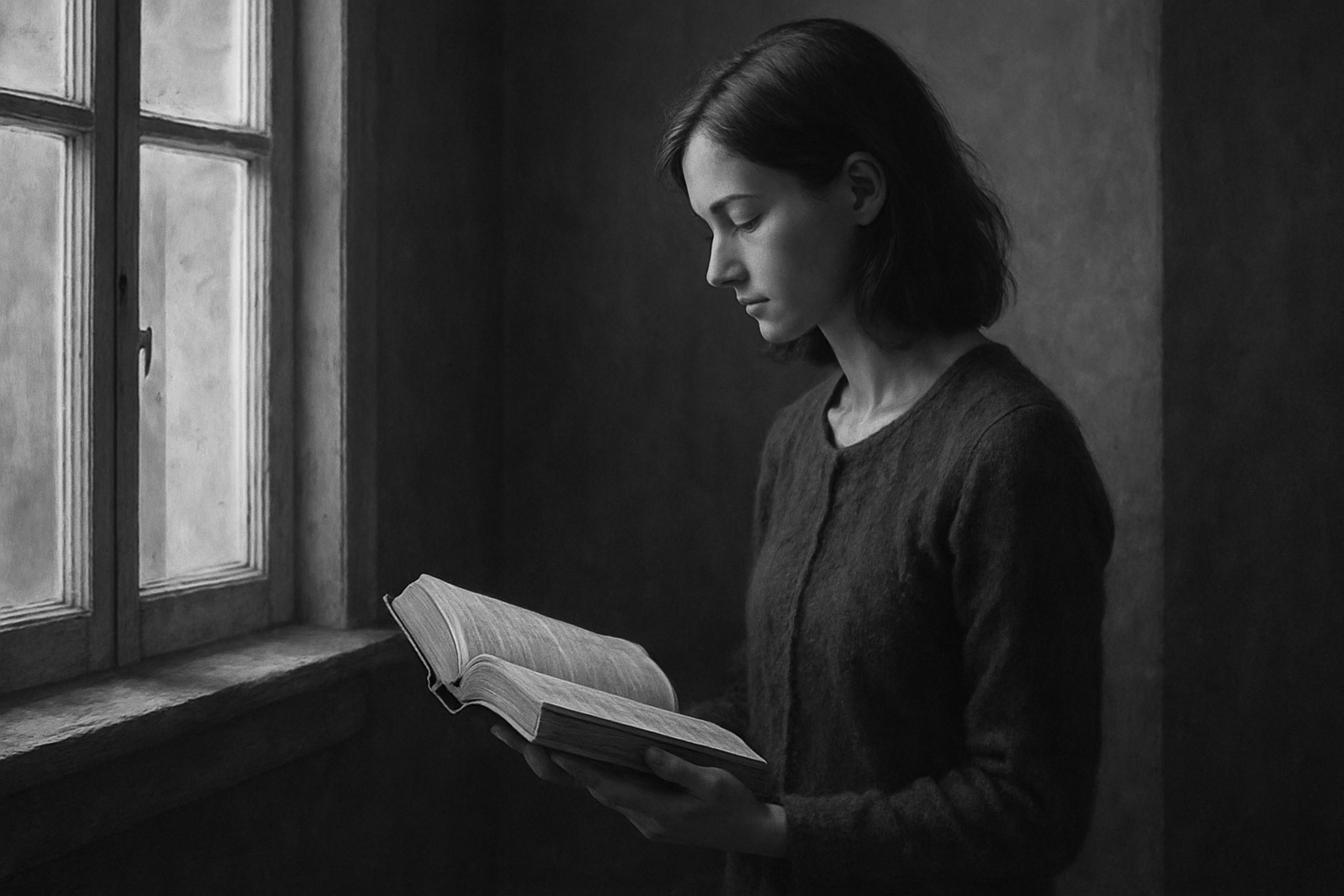 a person standing in an interior space, holding an open Bible, with light streaming through a nearby window.