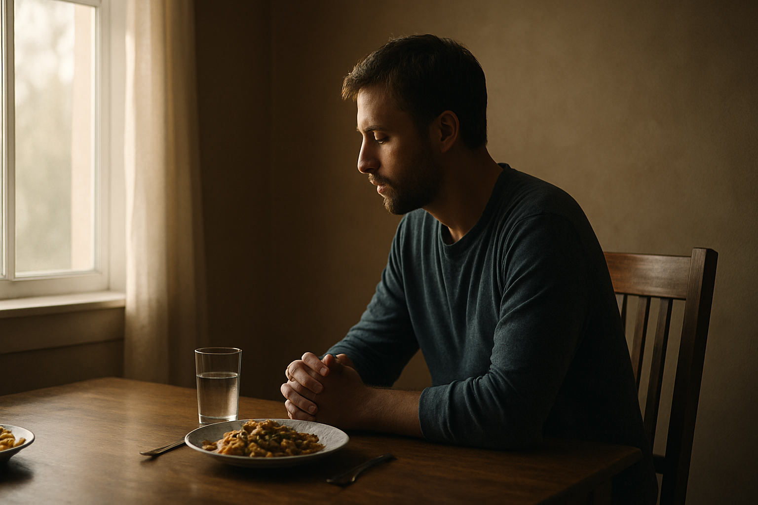 A person sits in silence at a table with untouched food, surrounded by soft light, representing the desire for lasting satisfaction beyond physical comfort