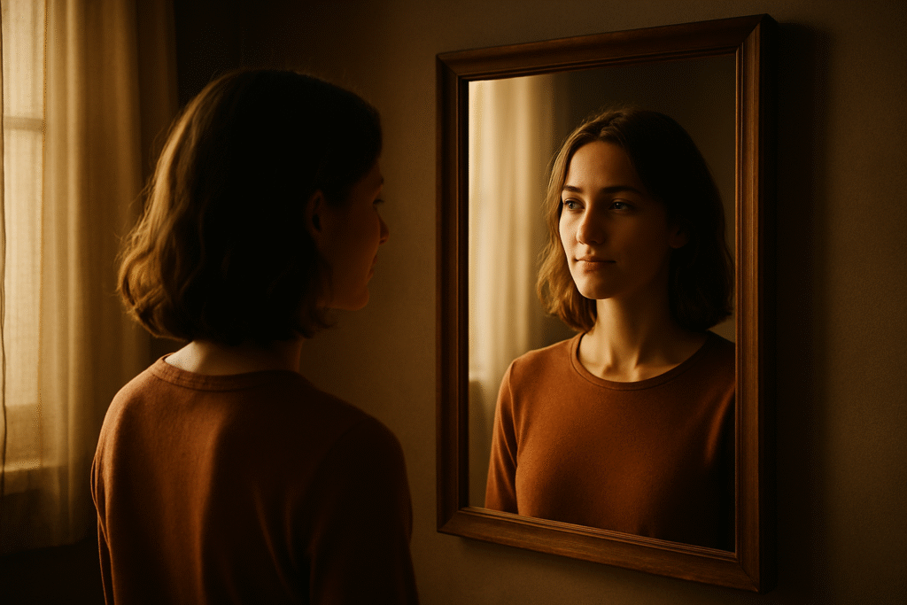 A person stands in calm reflection before a mirror, bathed in gentle morning light, representing the quiet strength that comes from being freed from shame