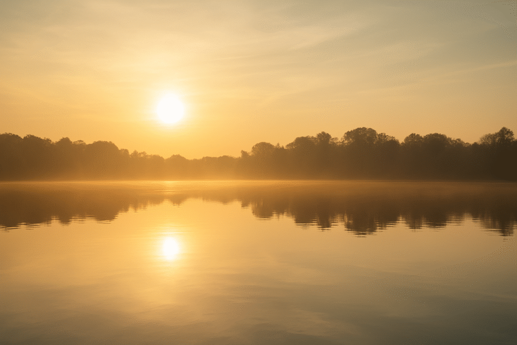 A still lake reflects soft morning light beneath an overcast sky, framed by distant trees and gentle hills — evoking peace, waiting, and quiet presence.