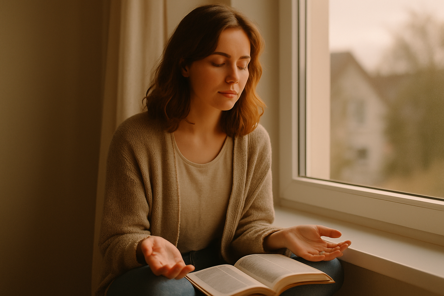 Woman in her twenties sitting at a bedroom window, eyes closed in prayer, hands open beside an open Bible in warm morning light.