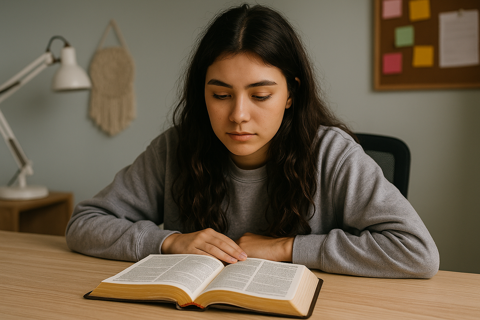 A young woman sits at a wooden desk reading an open Bible, with soft natural light streaming across her workspace, creating a calm and focused atmosphere suitable for study and reflection.