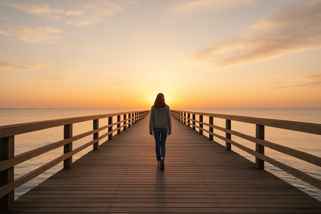 A young woman walks down a long pier at sunrise, facing the horizon, with light reflecting off the water on both sides.