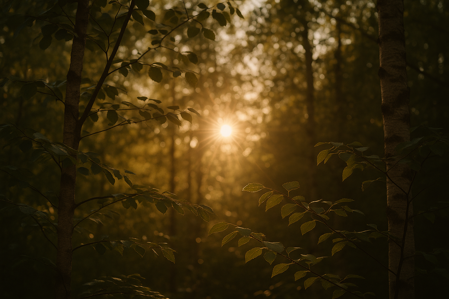 Sunlight filters through a dense forest at golden hour, casting a warm glow over slender tree trunks and leafy branches in the foreground. The scene is calm, natural, and softly lit, evoking stillness and quiet reflection.