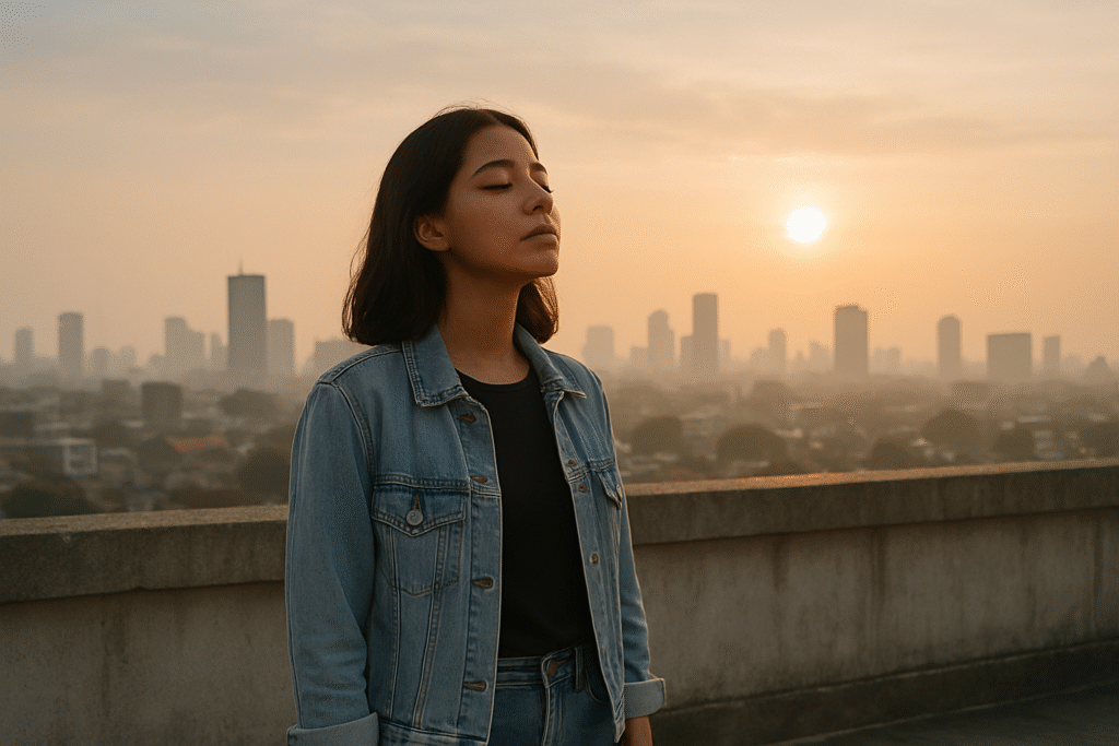 A young woman stands on a rooftop at sunrise with eyes closed, facing the light. She wears casual clothes and appears calm and reflective, with the city skyline behind.