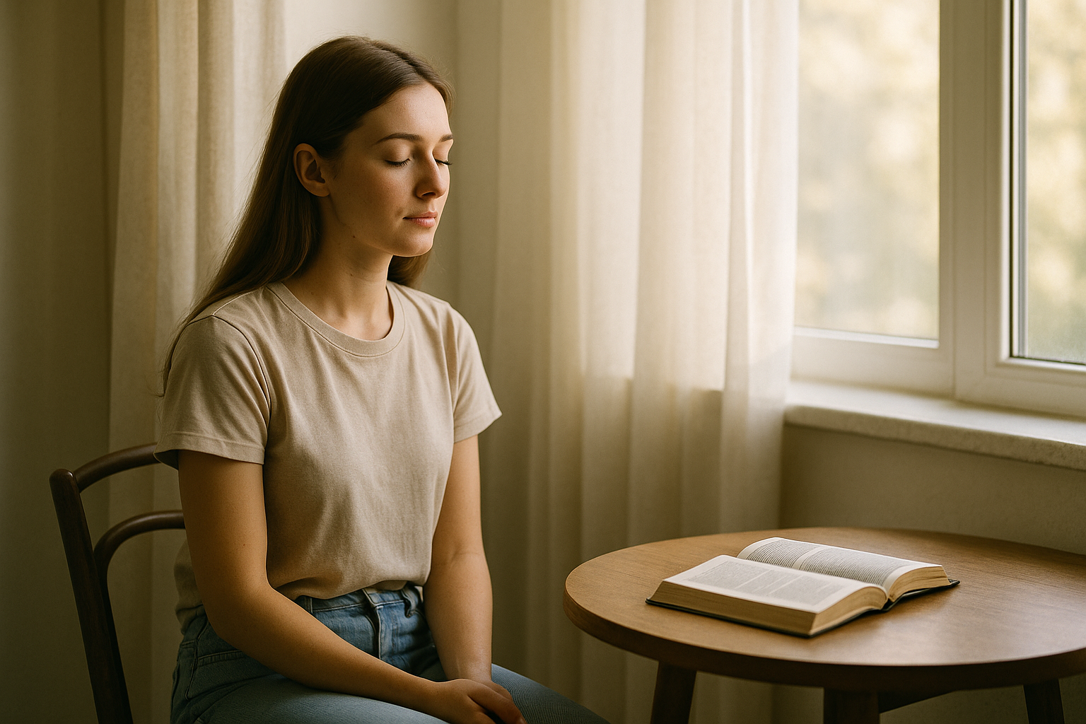 A young woman sits beside a window in the morning light with her eyes closed and an open Bible on the table near her.