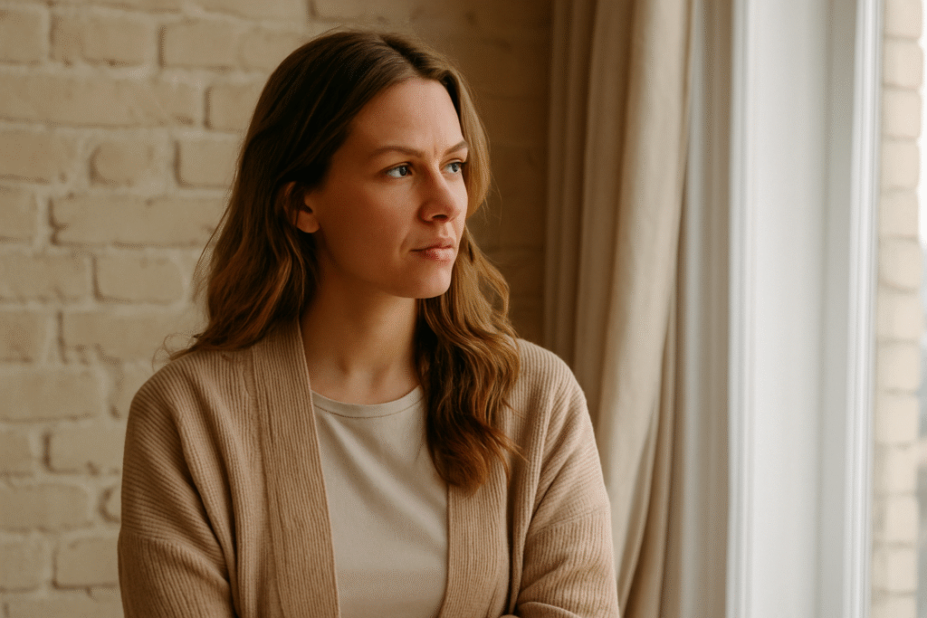 A contemplative woman sits alone in soft morning light, framed by a wide interior window, reflecting quietly in a minimalist, peaceful space.